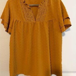 Women’s Mustard Dot Textured V-Neck Blouse with Ruffle Sleeves